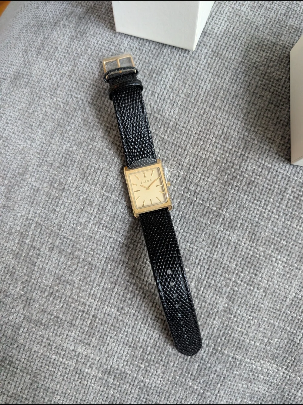 BREDA Men's Black Leather Strap Gold-Tone Square Watch